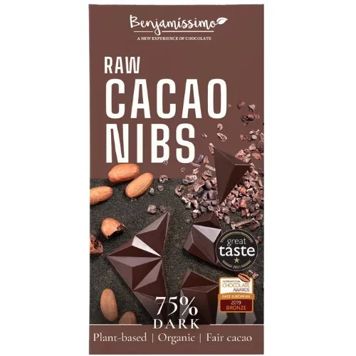 Ciocolata neagra 75% cu Cacao Nibs, Eco, 60g, Benjamissimo