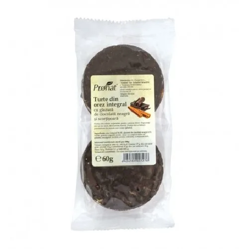 Turte Orez Integral Glazura Ciocolata Neagra Si Scortisoara 60g 