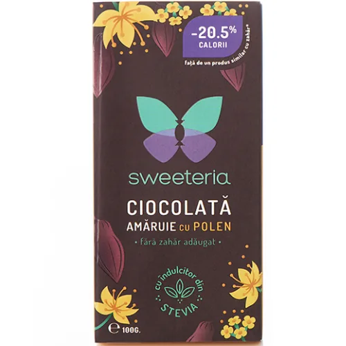 Tableta Ciocolata Amaruie 70% Polen Indulcitor Stevia/Eritritol 100g Sweeteria