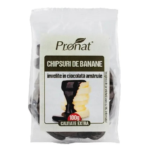 Chipsuri de Banane Invelite in Ciocolata Amaruie, 100gr, Pronat