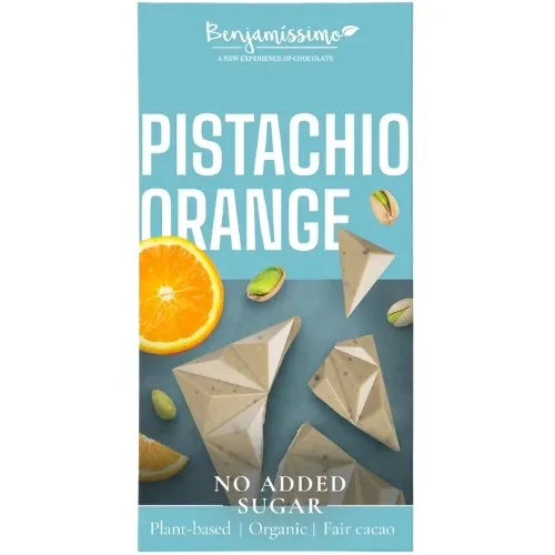 Ciocolata alba cu Fistic si Portocale, fara zahar, Eco, 60g, Benjamissimo